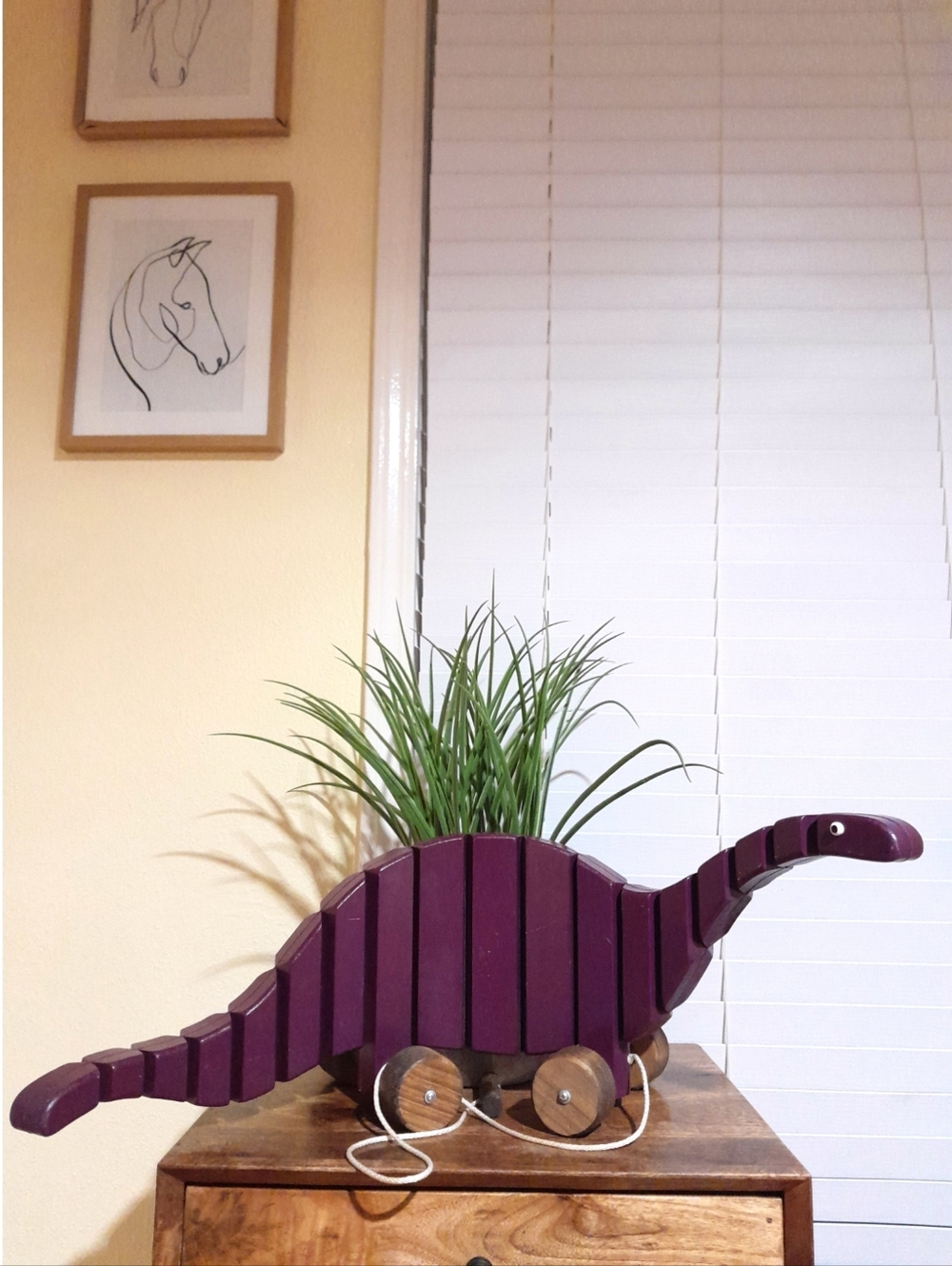 vintage 80s rare pull toy for baby  30" wooden dinosaur unique toy